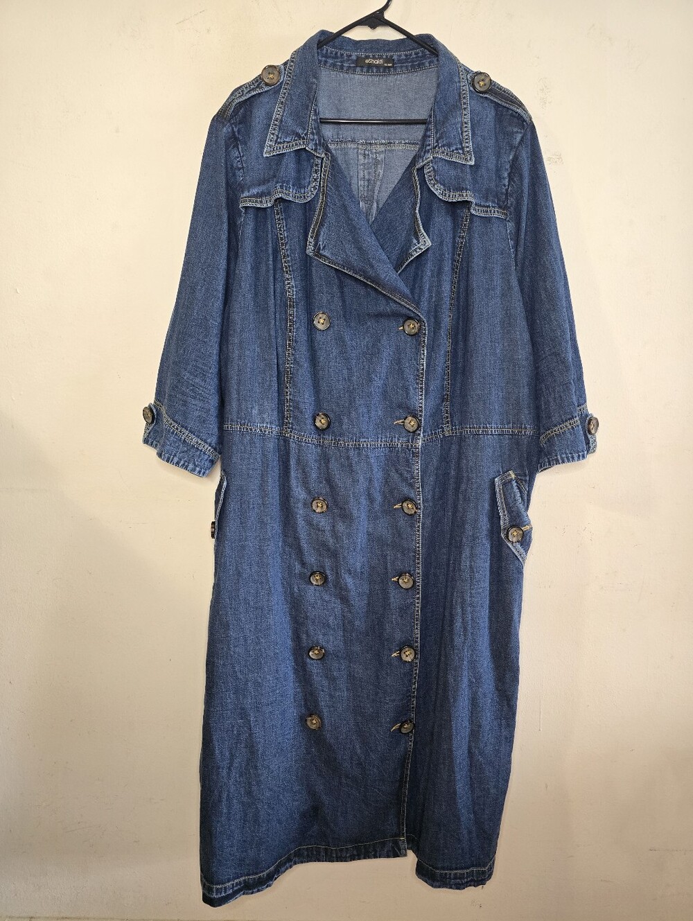eShakti Denim Duster Coat Dress Women's 4X 30W Blue Long Double Breasted Pockets